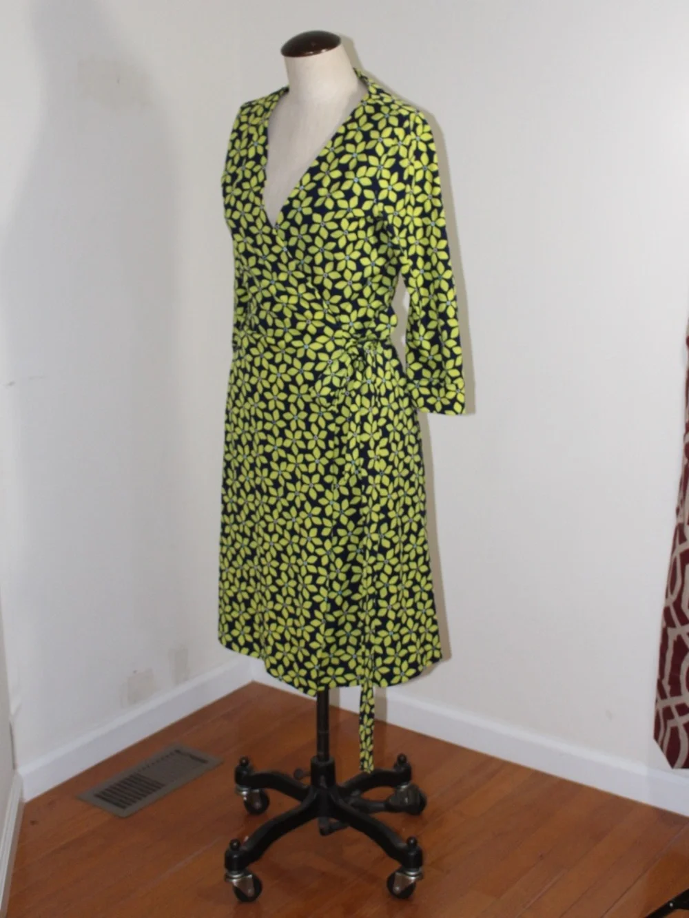 Diane Von Furstenberg, Navy and Lime Floral Print Wrap Dress